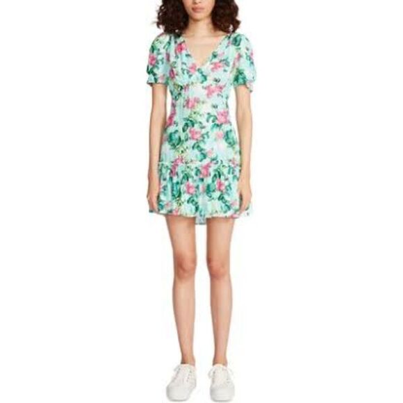 Betsy Johnson Women Aqua Green Floral V-Neck Ruffle Hem Shift Dress size XL - Picture 1 of 9